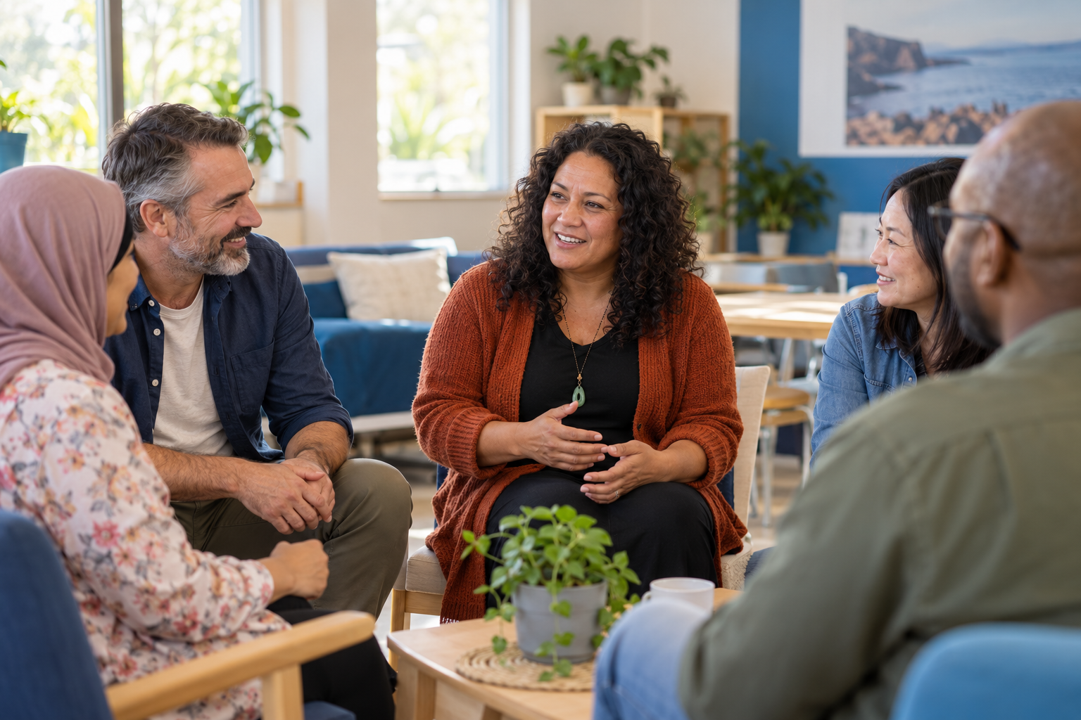 A welcoming community group talking together